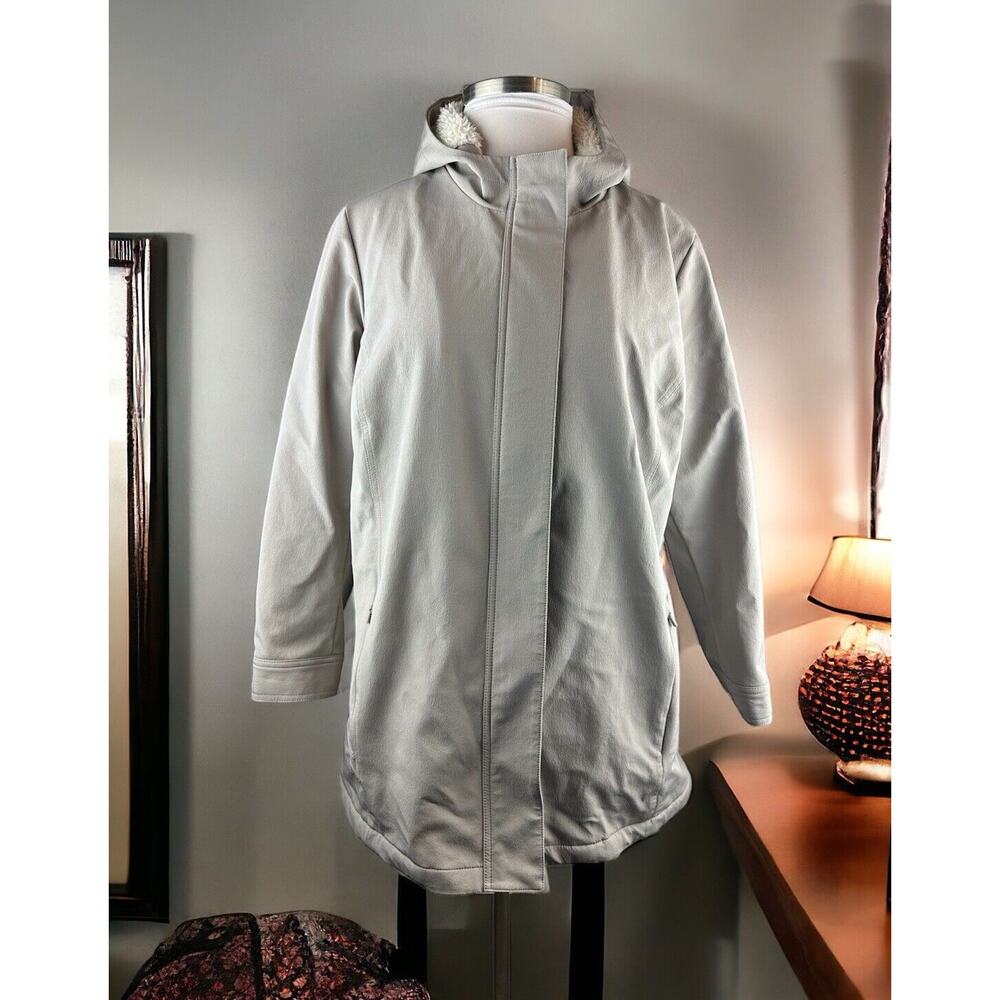 J. Jill Fit Sherpa Lined Full Zip Hooded Coat Beige Zip Pockets XL Cozy Warm EUC - Picture 2 of 16
